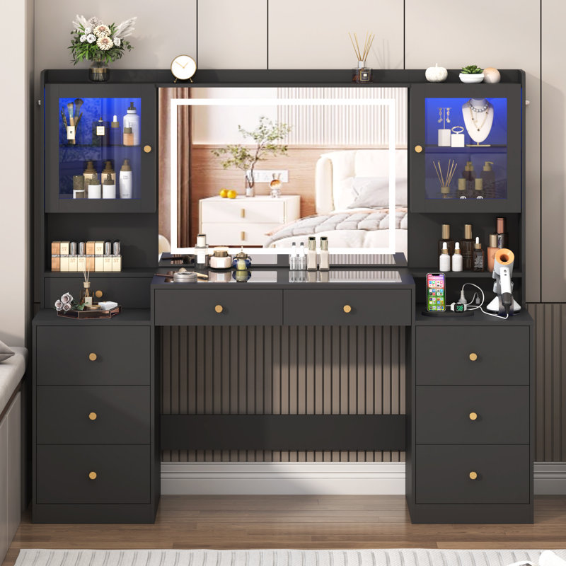62" Vanity Desk with Lighted Mirror & RGB Cabinets