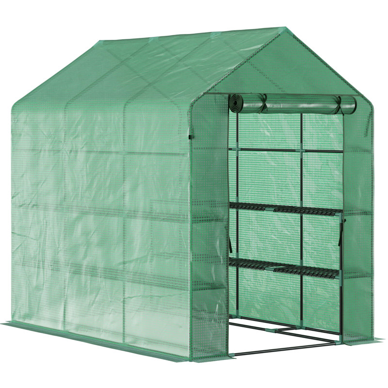 Serre de 7 pi x 5 pi 6,5 pi avec couverture en PE, structure en acier et 3 tablettes pour les gaules, fleurs et légumes