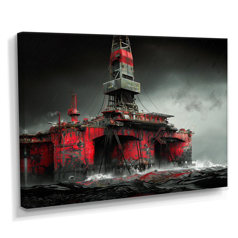 Rouge, noir, hiver, forage, aube, plate-forme pétrolière II, Canevas, H 12 po x l 20 po x P 1 po