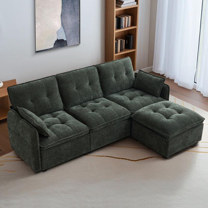 Canapé modulaire en chenille avec repose-pieds Cloud, Chenille verte