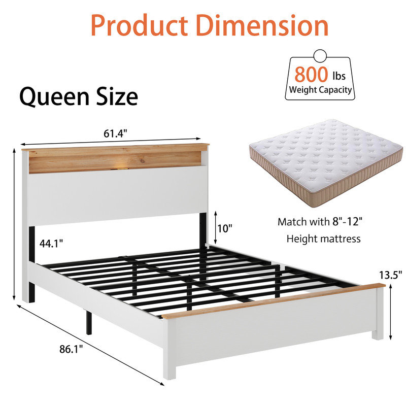 Farmhouse Bed Frame with Storage Headboard and Charging Station – White, Queen