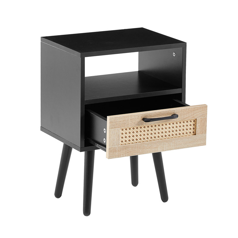 Table de bout de salon de 15,68 po avec tiroir et pieds en bois massif - moderne, tiroir noir de construction moderne, table de chevet pour chambre à coucher, pièce, poids de 120 lb