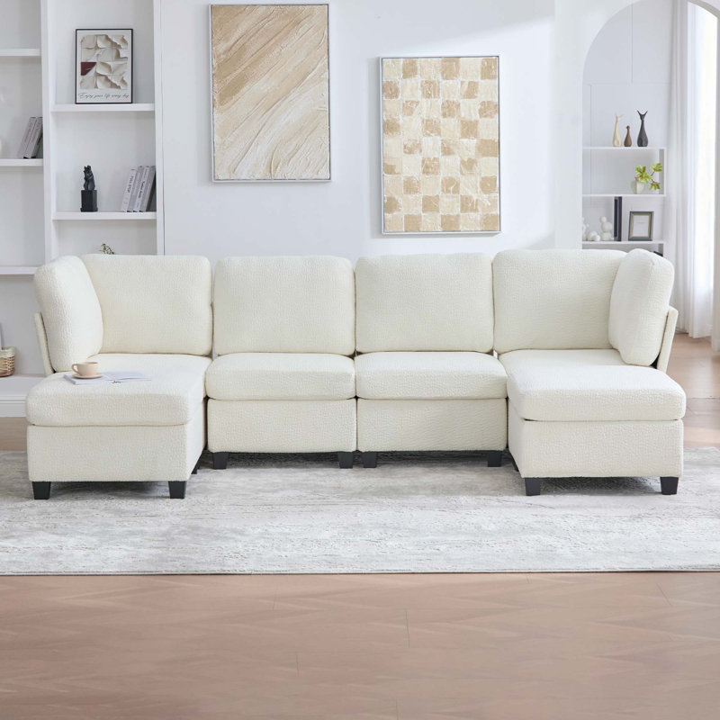 6-Seat Modular Sectional Sofa, Beige Polyester