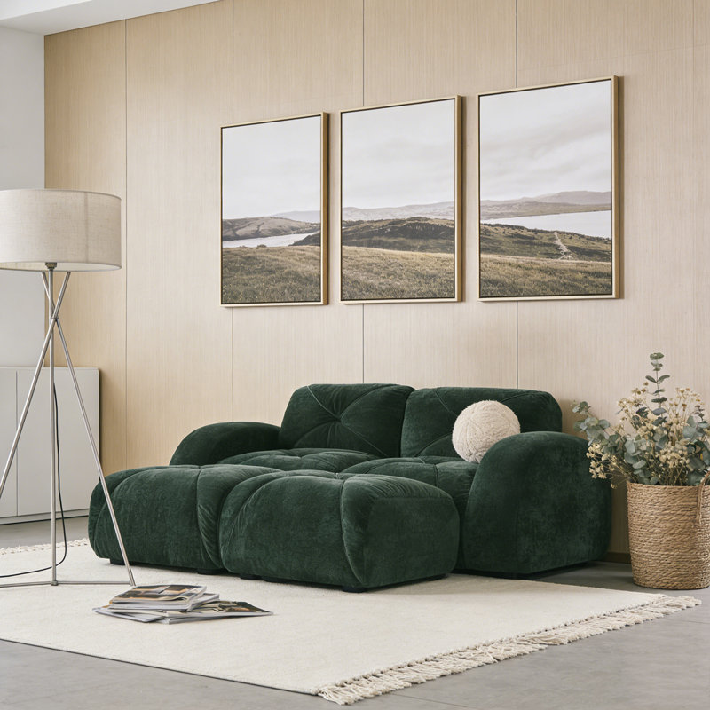 Canapé en velours avec 2 repose-pieds en velours, Vert