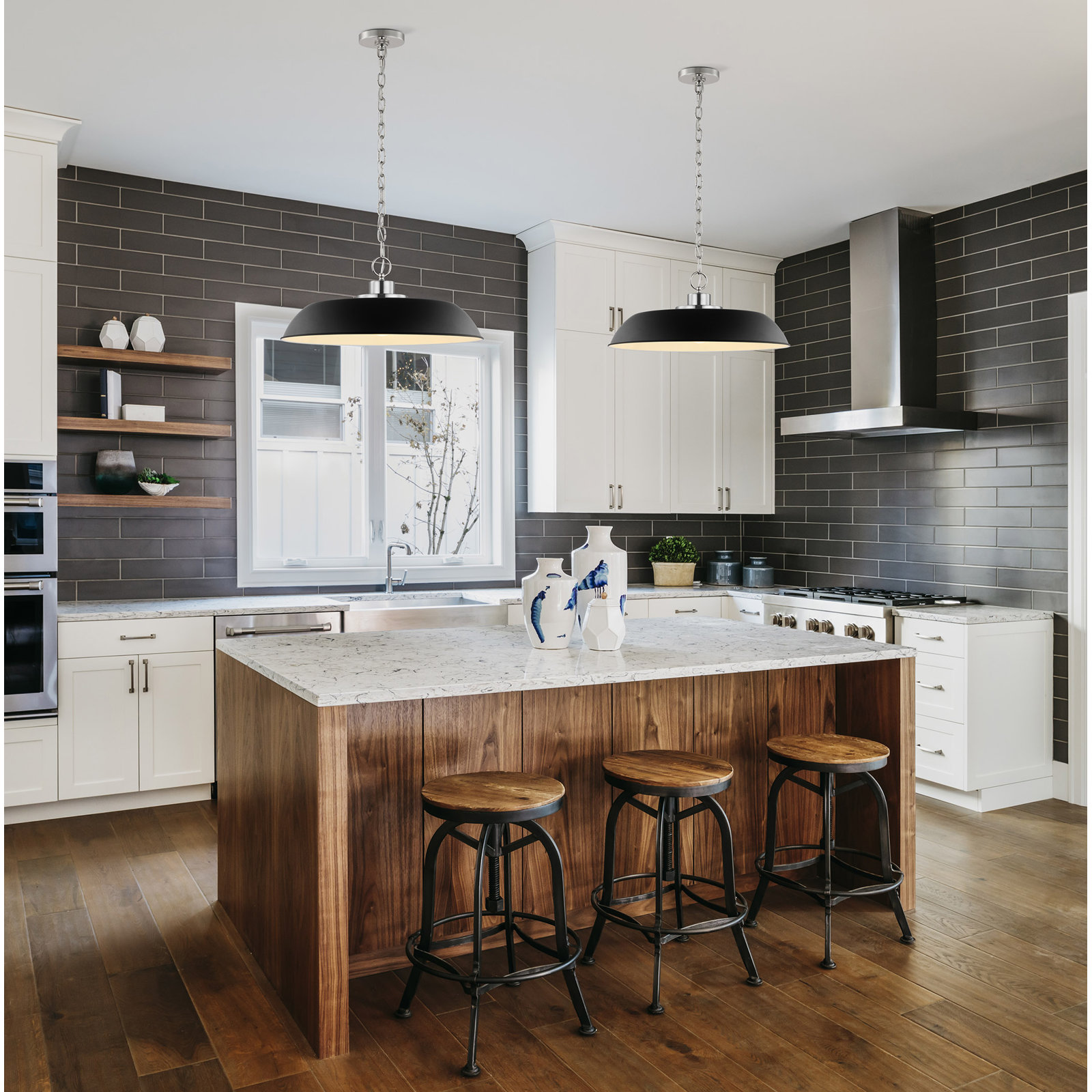 Eddy Dimmable Dome Single Light Pendant, 8" H x 19" W x 19" D, Matte Black/Polished Nickel