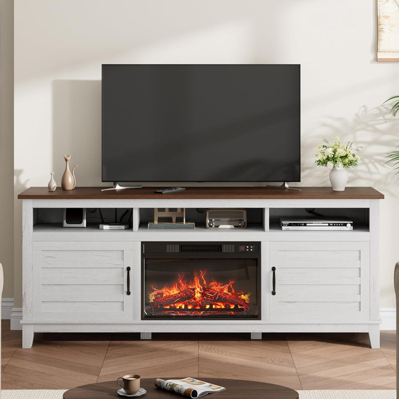 63" Farmhouse TV Stand with 23" Electric Fireplace, Adjustable Storage, Media Console for Living Room & Bedroom, White