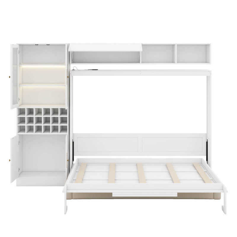Lit escamotable double avec canapé, USB et lumière, Double, Blanc