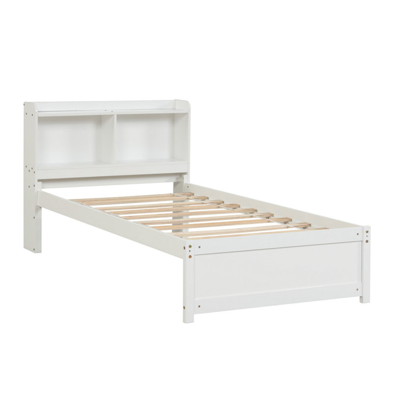 Lit avec lit gigogne et bibliothèque, lit plateforme, structure en bois, Blanc, Lit simple
