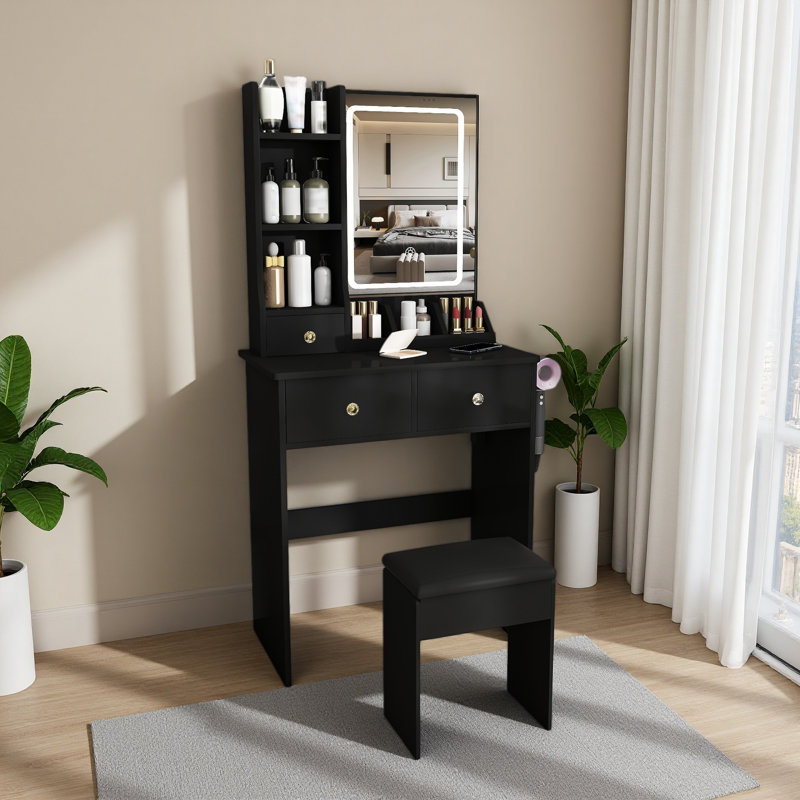 Modern Small Vanity Desk ,Featuring 3 Modes Of LED Lighting With Adjustable Brightness, 3 Drawers And Multiple Open Storage Shelves, A Hair Dryer Holder And Power Socket, And A Dressing Chair