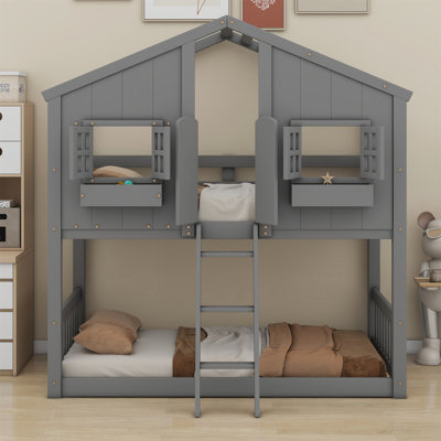 House Bunk Bed With Roof, Window, Door,Guardrails And Ladder