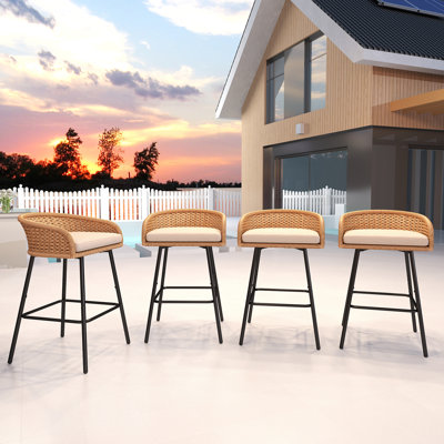 Outdoor Upholstered Bar Stools With Removable Cushions Woven Counter Stools, Bar Height Patio Chairs For Garden Pool Lawn Backyard by Bay Isle Home