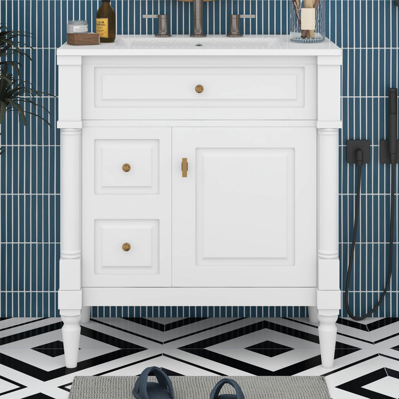 Meuble-lavabo 30 po avec lavabo, meuble-lavabo autoportant avec tiroir rabattable, 2 tiroirs et tablette réglable, Blanc
