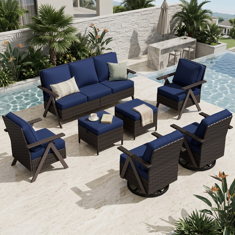 Ensemble 7 pièces d'extérieur en osier de patio avec canapé 3 places, 4 chaises, 2 repose-pieds et coussin bleu, Bleu