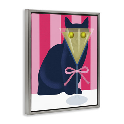 Chat et martini sur cadre flottant à rayures, design par Lil 'Rue