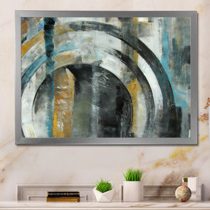 Grunge noir et gris cercles - reproduction de cadre flottant sur toile, H 24 po x l 36 po x P 1 po, Cadre photo argenté