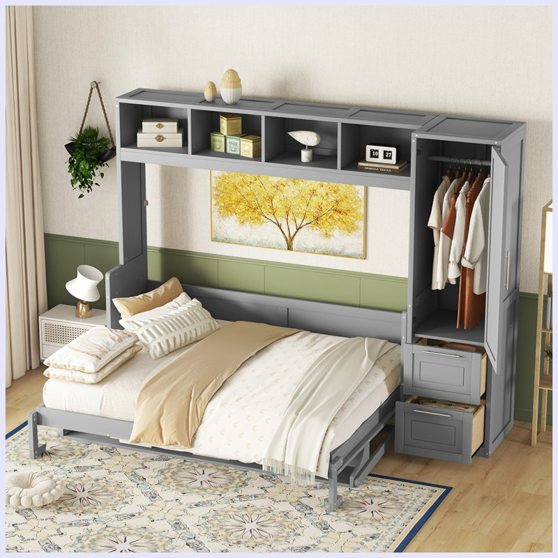 Lit escamotable moderne avec placard et tiroirs, Gris, Grand