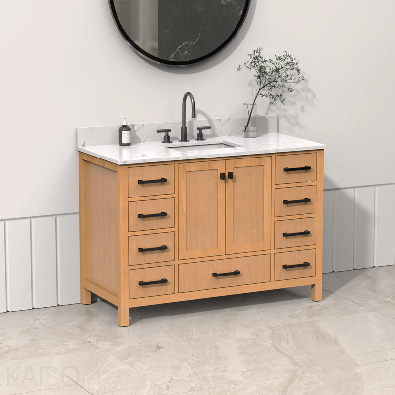 Meuble-lavabo sur pied 48 po, meuble-lavabo autoportant avec comptoir, armoire de rangement en bois massif chêne naturel