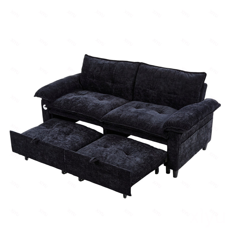 Canapé-lit convertible en velours avec matelas dépliable, Velours - noir