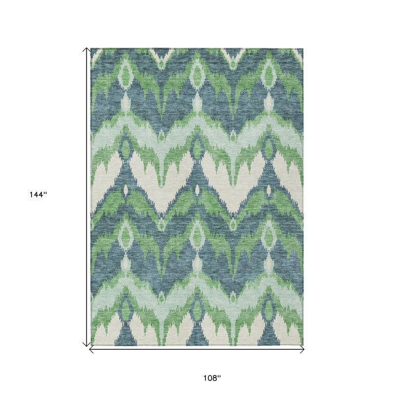 9' X 12' Green Ivory And Blue Ikat Washable Indoor Outdoor Area Rug