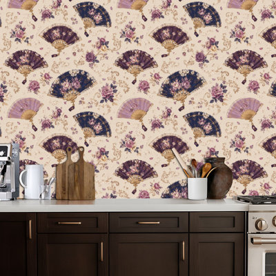 Peel and Stick Wallpaper Elegant Vintage Floral Decorative Fans Roses Purple Gold Tones Contact Paper Removable Self Adhesive Wall Mural Wall Decor for Bedroom Kitchen Cabinets 17.7in x 118in