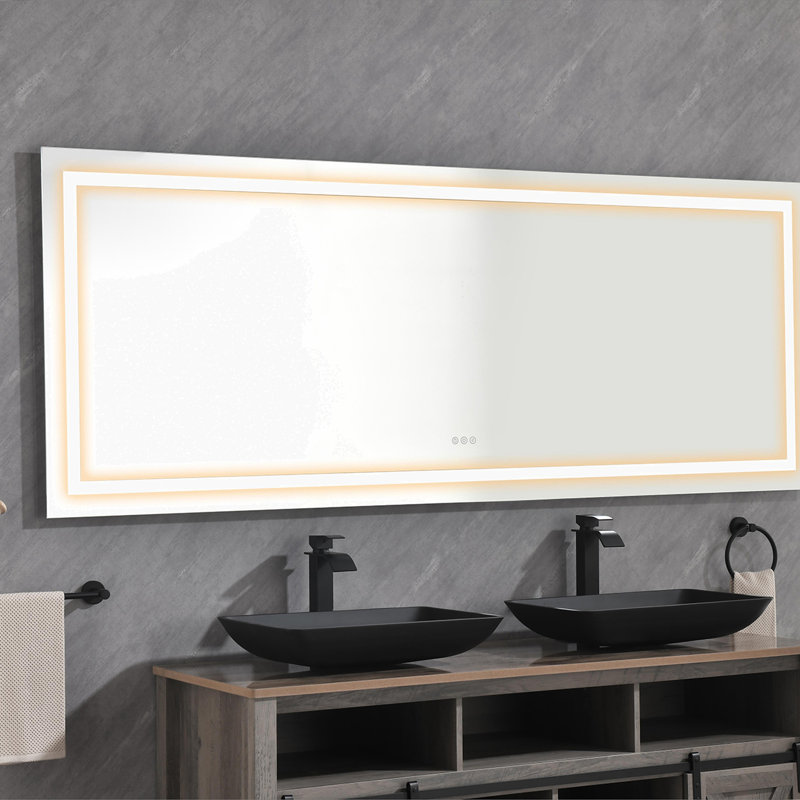 Miroir de salle de bain 72 po x 32 po à DEL, miroir de meuble-lavabo mural, anti-buée, mémoire, 3 couleurs, réglable en continu
