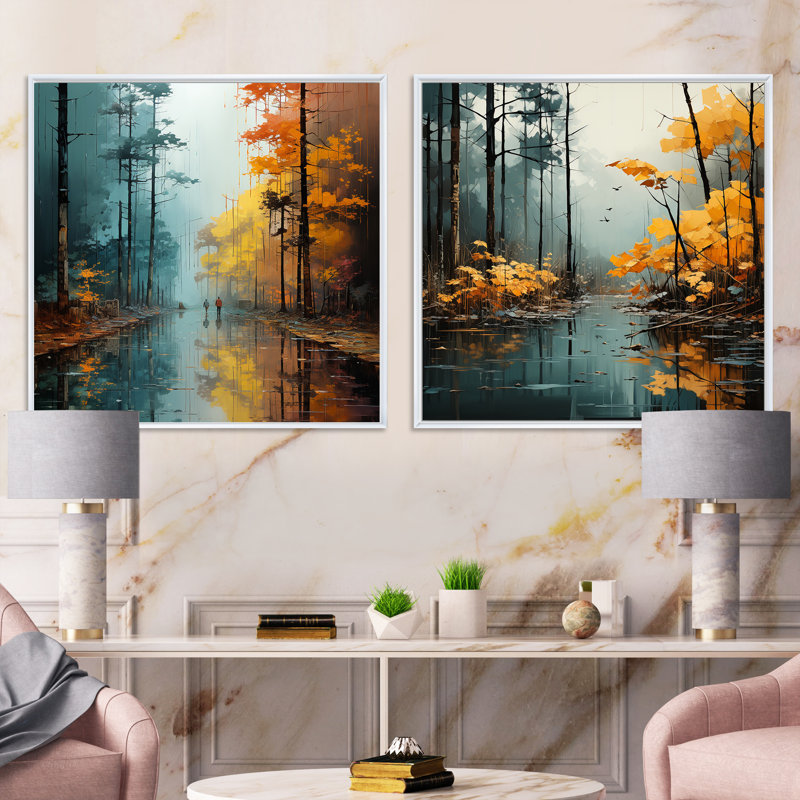 Autumn Forest Solitude - Ensemble de 2 collages carrés forêt, H 16 po x l 33 po, Cadre flottant blanc