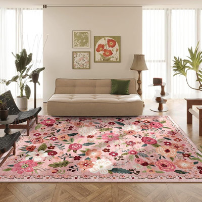 Pink Boho Floral Washable Area Rug, Soft Low-Pile Non-Slip Faux Wool Carpet for Living Room & Bedroom