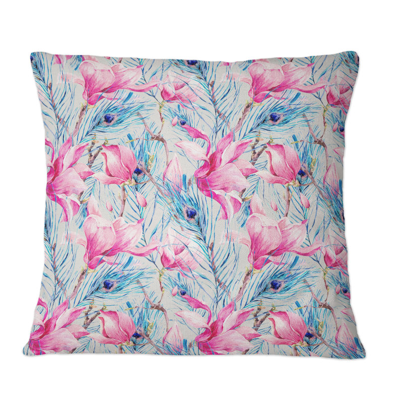 Motif avec magnolia et plumes de paon II - Coussin décoratif à motif, 16 po x 16 po