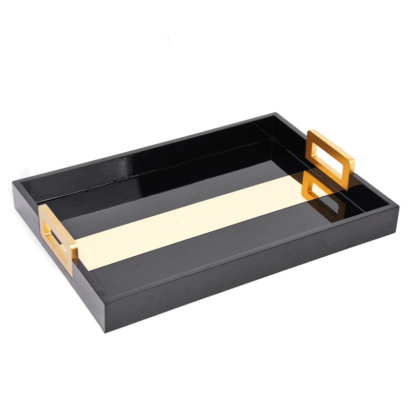 Rectangular Decorative Tray with Gold Metal-Finish Handles & Non-Slip Base, Black