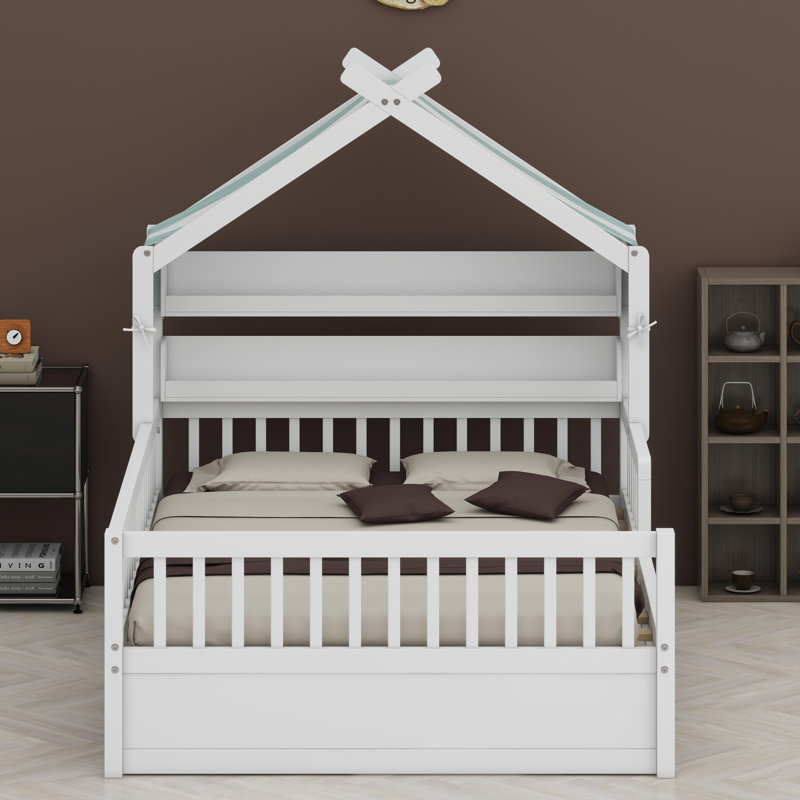 Lit maison avec tablette de rangement, Blanc