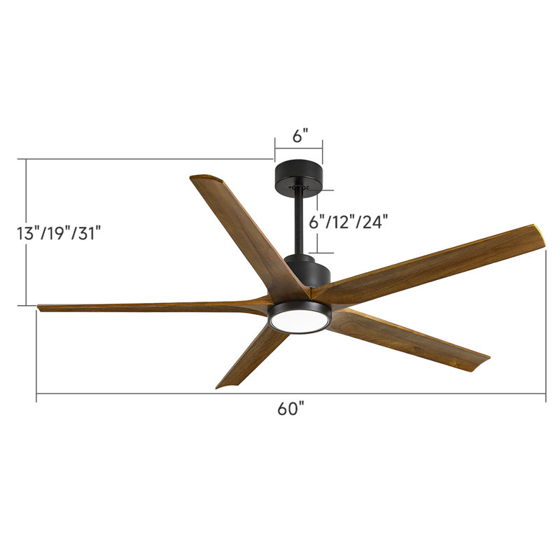 60” 5 Blade Solid Wood Ceiling Fan With Light & Remote Control,elegant & Quiet Airflow, Black, Walnut