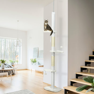 Arbre à chat à hauteur ajustable du sol au plafond, 88,5 po à 100,5 po, plateformes en forme de nuage, boules, dispositif de surmatelas et surface en molleton doux, blanc pour tour d'escalade pour chats d'intérieur, corde de coton de 100,5 po de hauteur