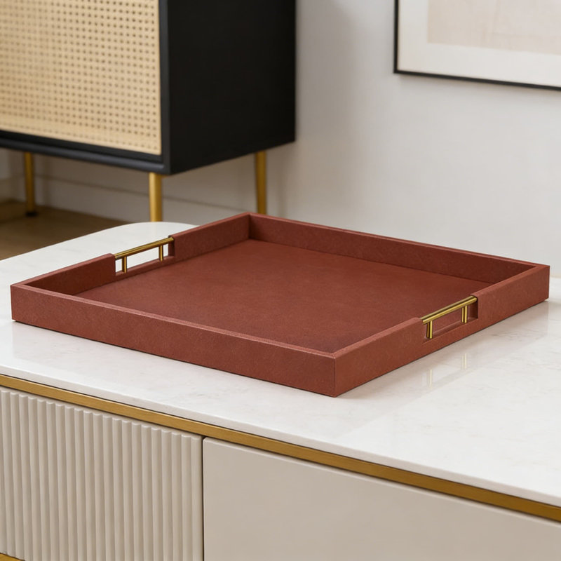 Large Square Faux Leather Ottoman Tray With Handles - Sturdy Wood Serving Tray For Breakfast In Bed, Coffee Table Organization, And Home Decor