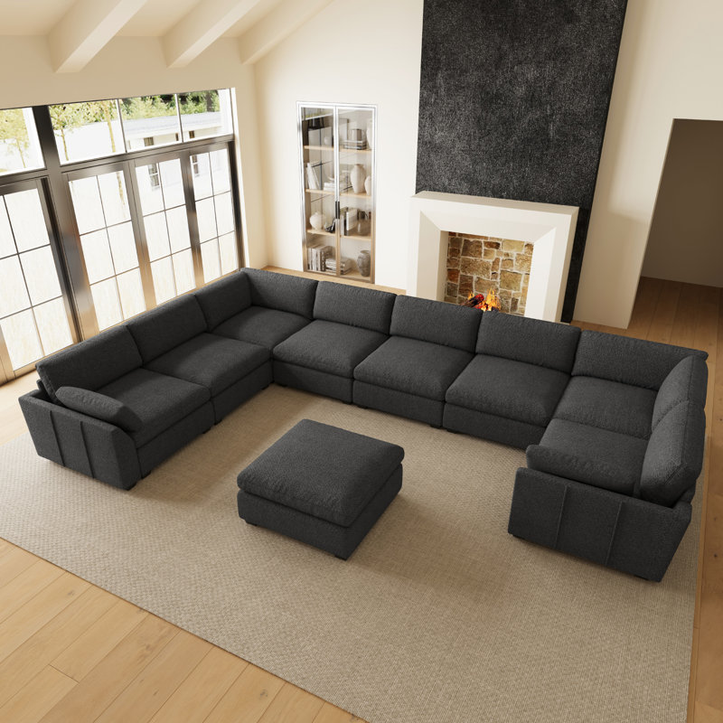 Canapé 6 places en chenille imperméable en forme de U avec double assise d'angle et pouf, Chenille gris foncé