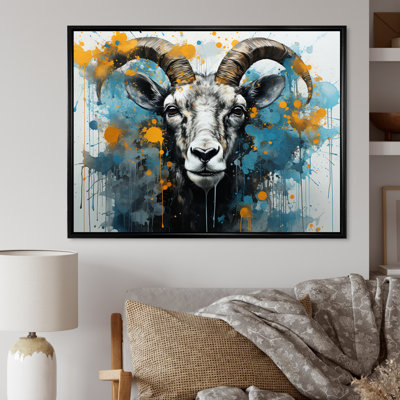 «Blue Yellow Goat Blooms Portrait», art mural animal de chèvre