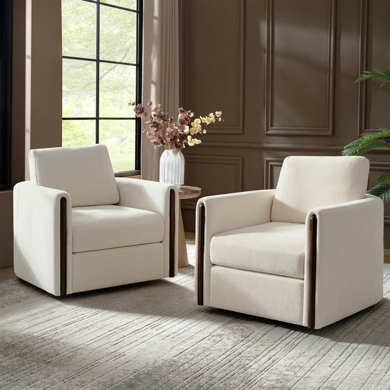 Nicha 31.25W" Modern Down-filled Solid Wood Swivel Barrel Chair Set of 2, Beige
