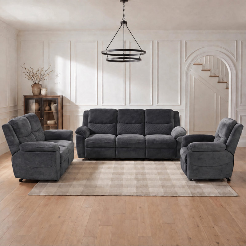 3 Piece Velvet Reclining Living Room Set, Dark Gray Velvet