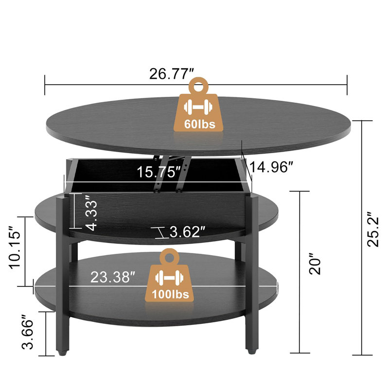 Black Round Wood Lift-Top Coffee Table with Storage