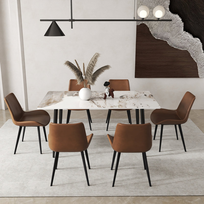 Ensemble de table de salle à manger moderne en pierre frittée 7 pièces avec 6 chaises en similicuir Juvan, Brun, Pandora