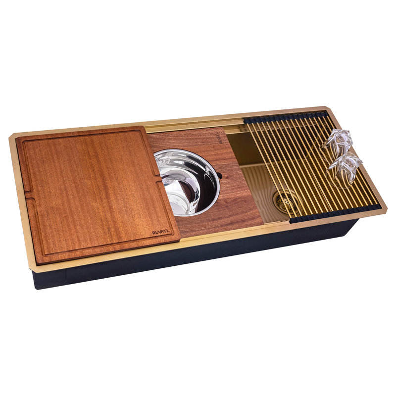 Ruvati 45-inch Stainless Steel Workstation Two-Tiered Ledge Undermount Kitchen Sink, Matte Gold Satin Brass
