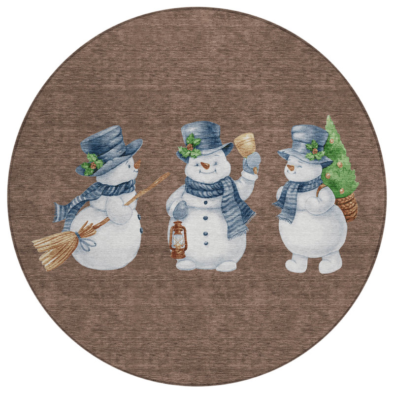 Machine Washable Indoor/Outdoor Christmas Snowman Xhevrie Brown Rug, Round 8'