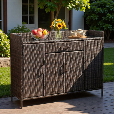 Armoire de rangement extérieure en rotin résistant aux intempéries avec bureau en verre trempé, grand tiroir et tablettes réglables