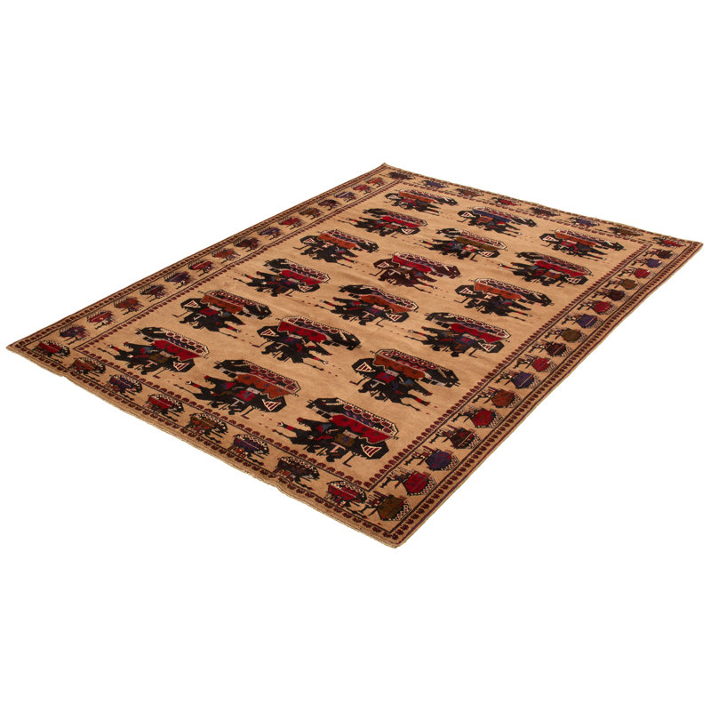 Tapis unique en laine noué à la main de style guerre afghane brun clair / rouge 7 pi x 9 pi 7 po Cashmiere