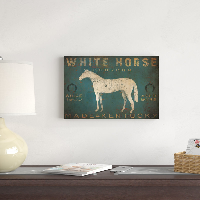 Cheval blanc avec mots bleus, H 12 po x l 18 po