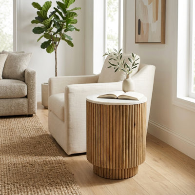 Odera Ribbed Pedestal End Table with Marble Top Accent – Small Round Side Table for Living Room & Home Decor - 20, Natural