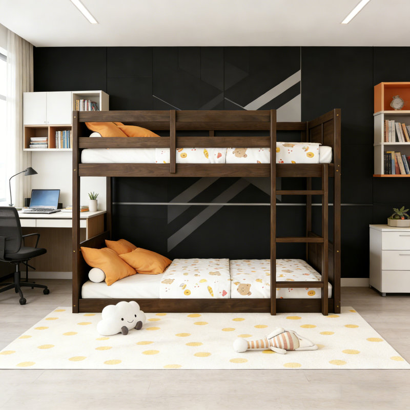 Twin Over Twin Solid Wood Floor Bunk Beds With Panelled Headboard And Footboard, Dark Oak