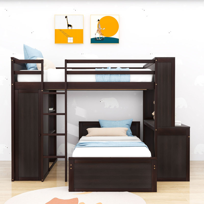 Lit superposé double en bois avec tablettes, bureau et armoire Sherise, Espresso