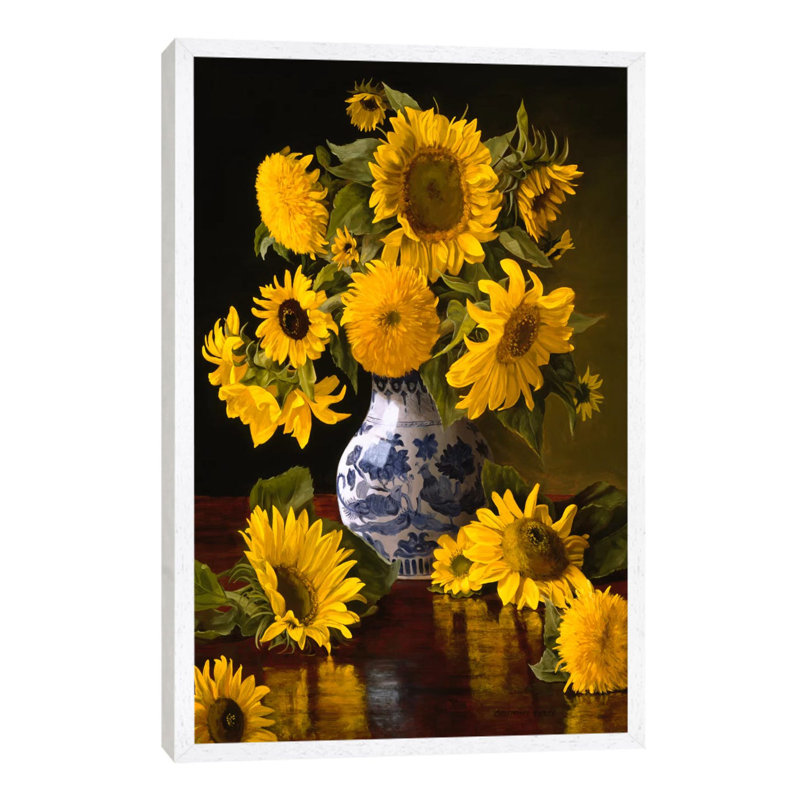 Sunflowers In Blue And White Chinese Vase by Christopher Pierce - Painting on Canvas, 66.04 cm H x 45.72 cm W, White Framed
