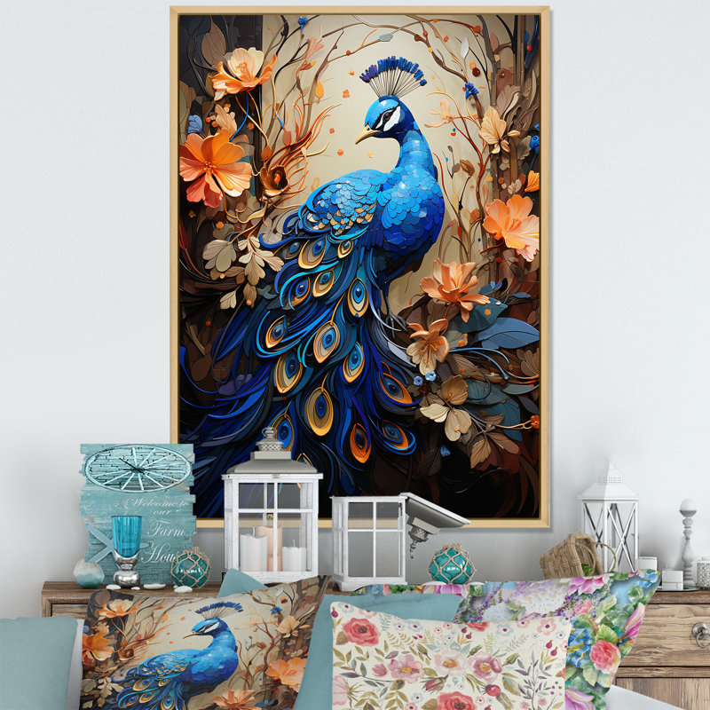 «Majestic Blooming Plumage Peacock», reproduction sur toile, Cadre flottant naturel, H 32 po x l 16 po x P 1 po