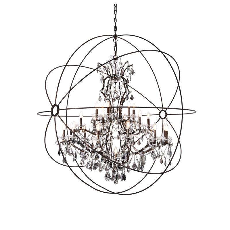 Lustre en forme de globe unique à 25 lumières avec détails en cristal Svante, Bronze foncé, Abat-jour argenté (gris)